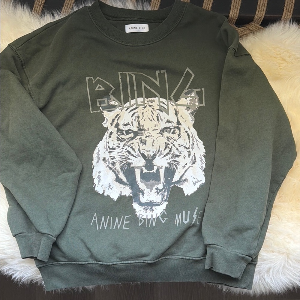 ANINE BING Olive Green Crewneck Sweater with White Tiger Graphic